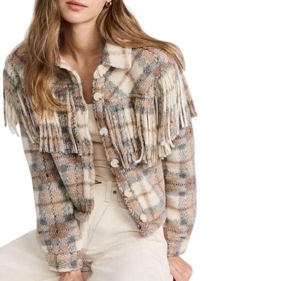 BLANK NYC Jacket WMNS L Beige Wool Blend Plaid Take Note Fringe Cropped Western - Picture 6 of 16